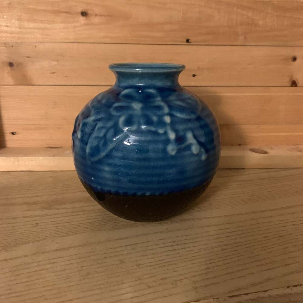 Vintage Vietnamese Blue and Brown Pottery Vase with Embossed Floral Design